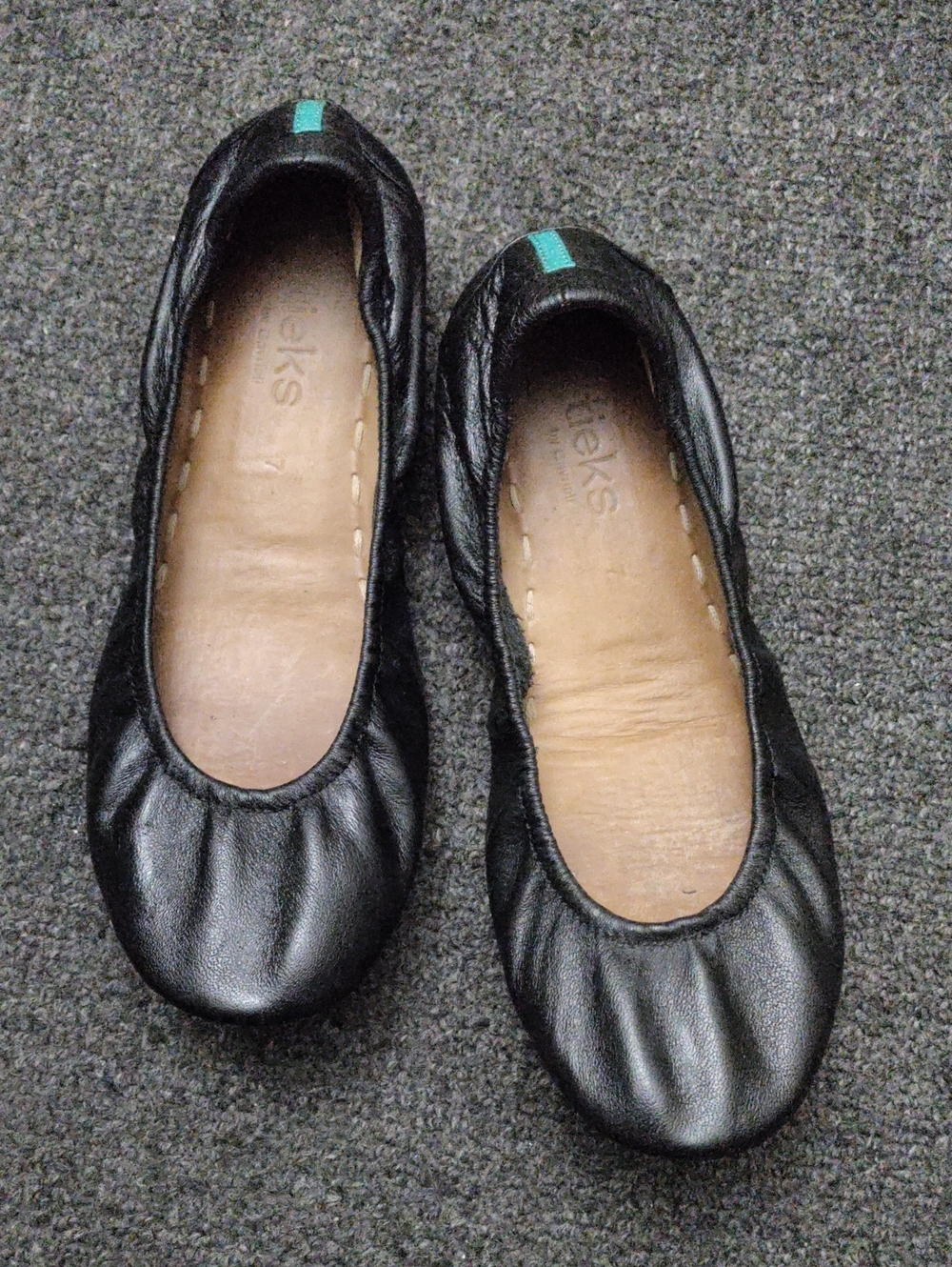 Tieks Black Leather Ballet Flats with Teal Heel Tab